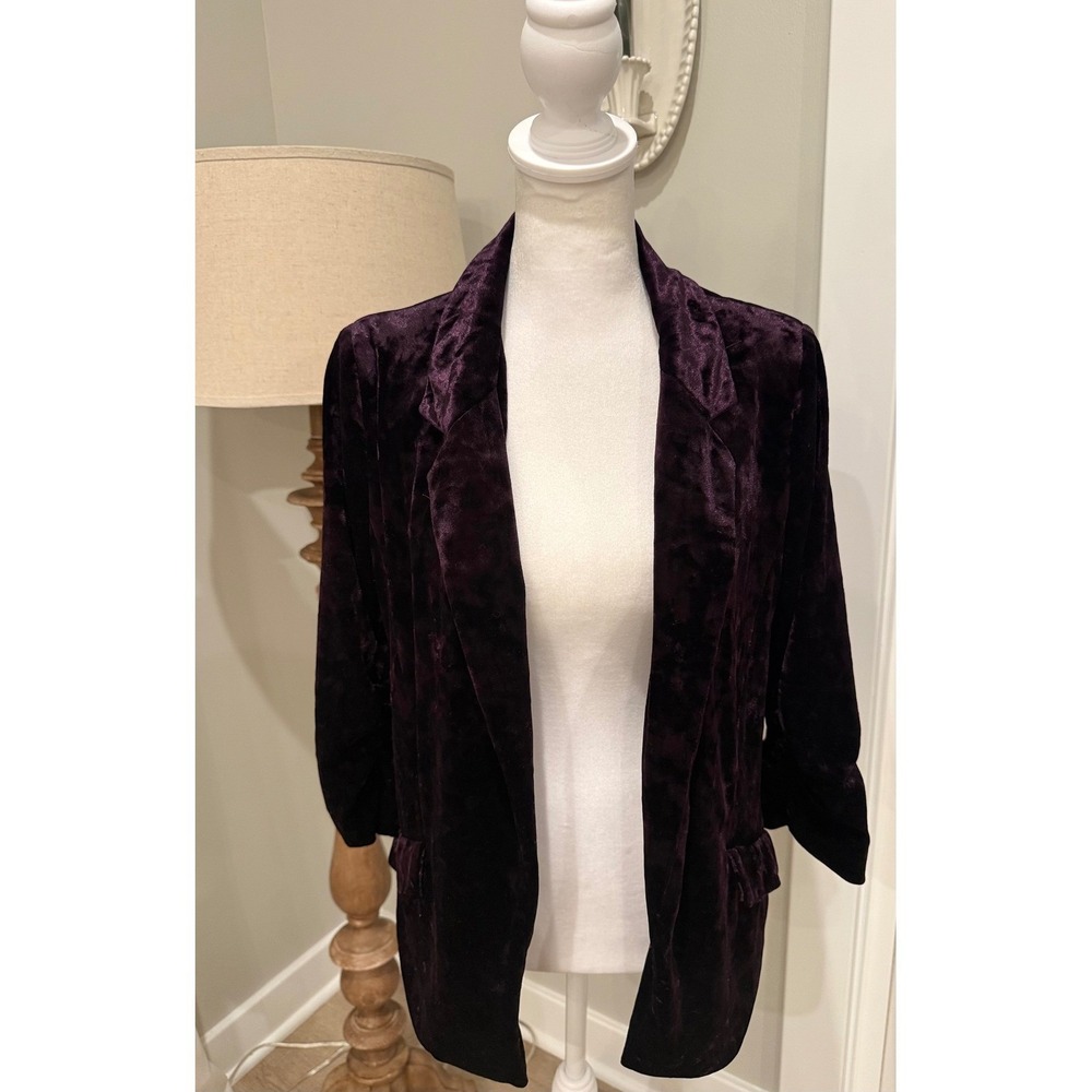 Skies Are Blue Purple Crushed Velvet Ruched Sleeve Open Front Blazer XS